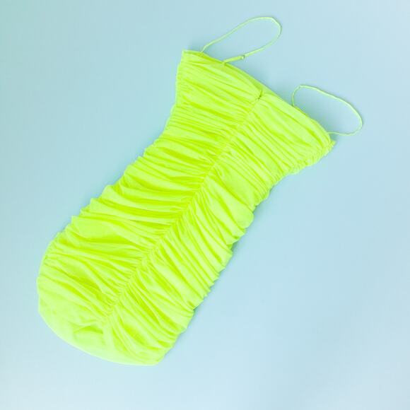 House of CB London Ella Neon Green Ruched Bodycon Mini Dress Size Medium - Picture 9 of 9